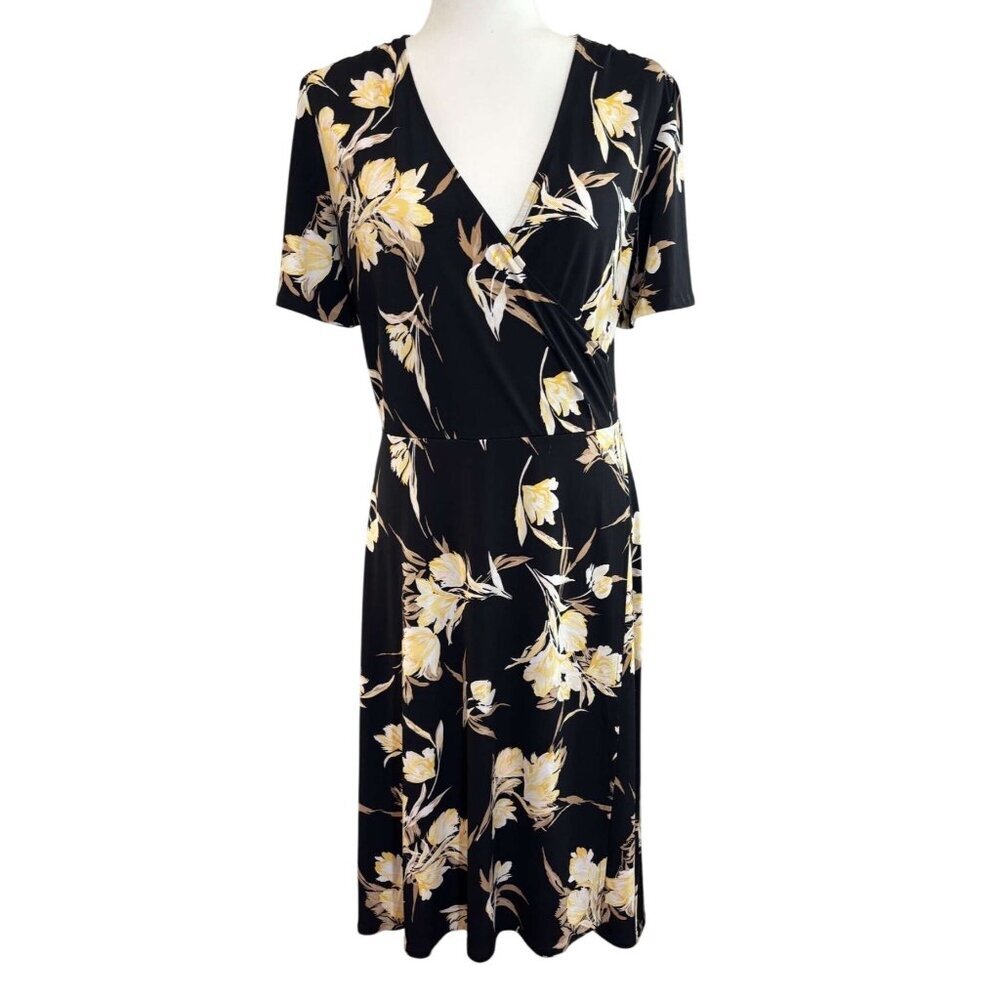White House Black Market Womens Black & Canary Yellow Floral Wrap Dress Size 10